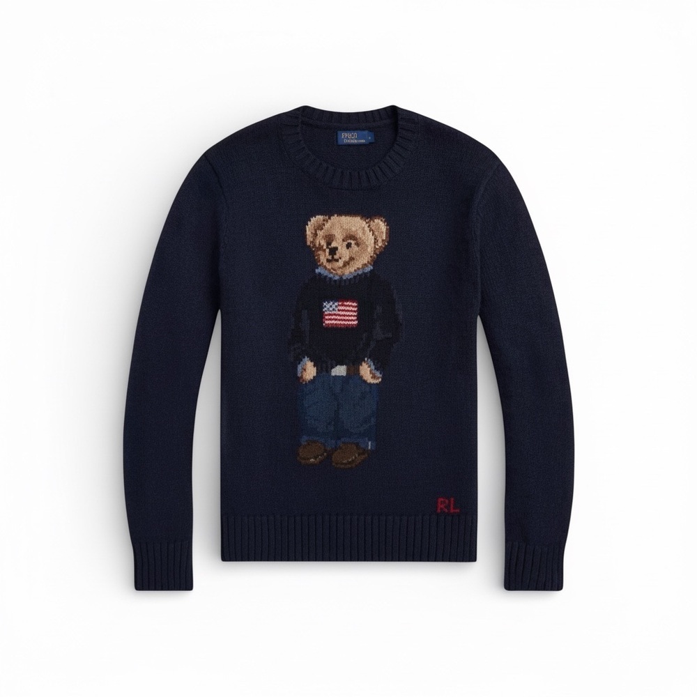 Vintage Polo Ralph Lauren Bear Sweater Navy Knit OG RL Polo Bear USA Flag - Picture 6 of 12